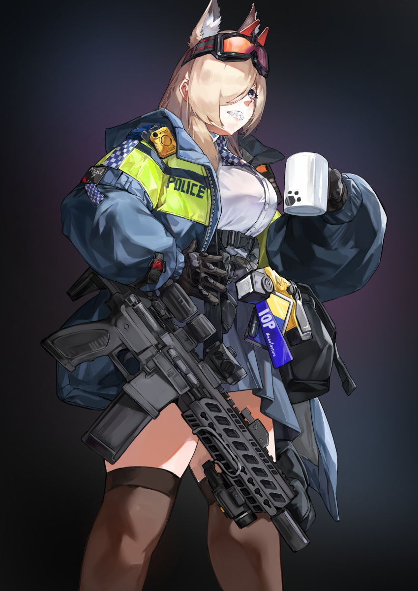 1girl absurdres alternate_costume animal_ear_fluff animal_ears bag black_gloves blue_archive blue_eyes chadlink commentary_request commission cosplay cup dog_ears dog_girl extra_ears girls_frontline gloves goggles goggles_on_head grin gun hair_over_one_eye hand_on_own_hip highres holding holding_cup holding_gun holding_weapon kanna_(blue_archive) light_brown_hair long_hair long_sleeves looking_away mug pixiv_commission pleated_skirt police police_uniform policewoman sharp_teeth sidelocks sig_mcx_(girls'_frontline) sig_mcx_(girls'_frontline)_(cosplay) sig_sauer_mcx simple_background skirt smile solo tactical_clothes teeth uniform weapon zettai_ryouiki