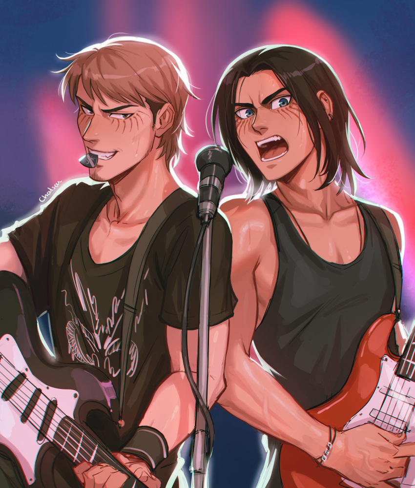 2boys alternate_universe artist_name black_shirt black_tank_top blue_eyes bracelet brown_eyes brown_hair chalseu commentary electric_guitar english_commentary eren_yeager grin guitar highres instrument jean_kirchstein jewelry light_brown_hair male_focus medium_hair microphone microphone_stand mouth_hold multiple_boys music necklace open_mouth playing_instrument plectrum plectrum_in_mouth shingeki_no_kyojin shirt signature smile t-shirt tank_top wristband