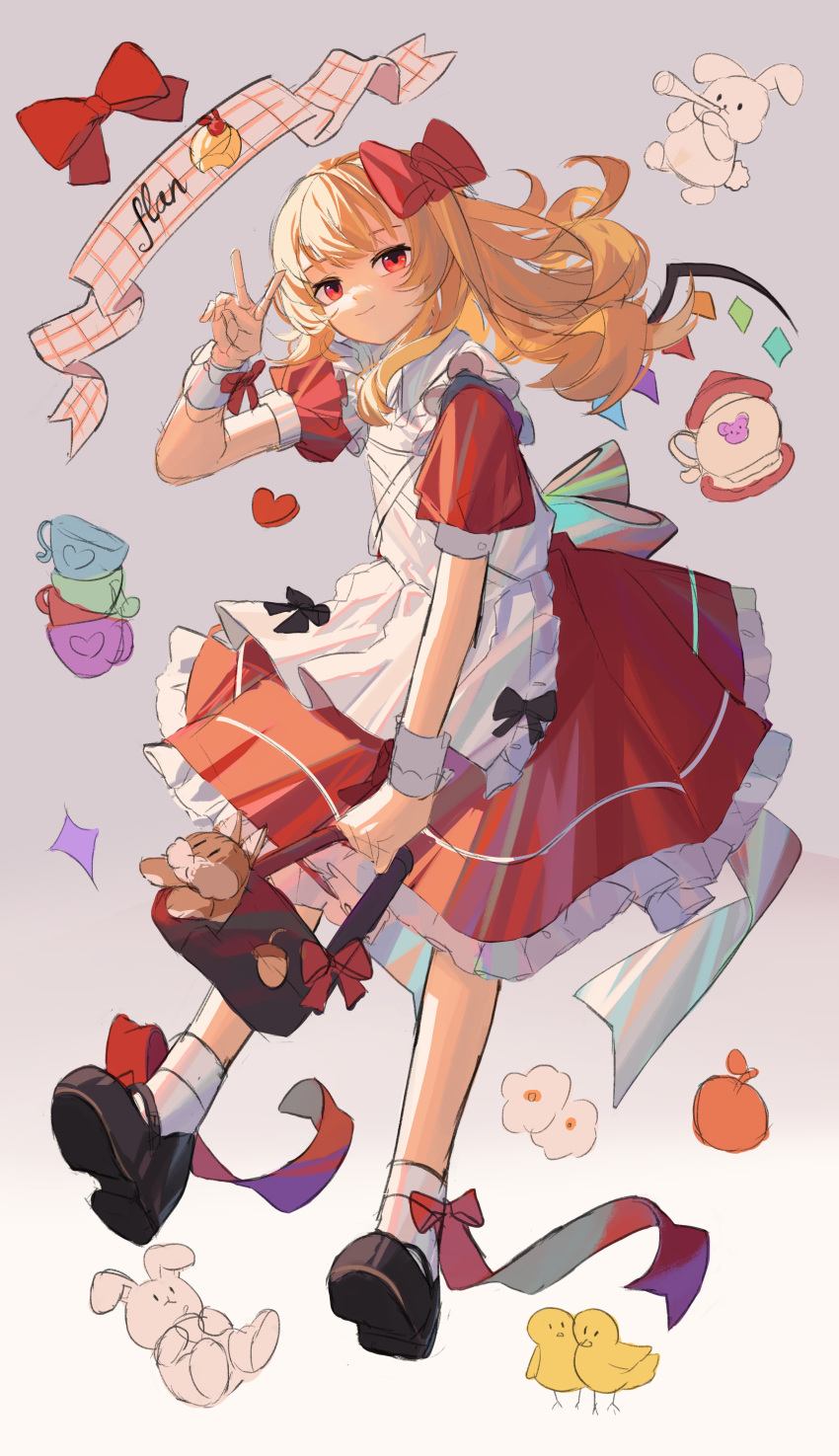 1girl absurdres adapted_costume apron bag bird black_footwear blonde_hair bow closed_mouth clynxen crystal cup dress duck flandre_scarlet food frilled_apron frills full_body gradient_background grey_background hair_bow hand_up handbag highres holding holding_bag long_hair looking_at_viewer mary_janes no_headwear pudding puffy_short_sleeves puffy_sleeves rabbit red_bow red_dress red_eyes shoes short_sleeves smile socks solo stuffed_toy teacup touhou v white_apron white_socks wings