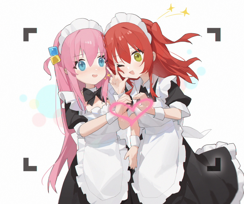 2girls alternate_costume apron black_dress blue_eyes blush bocchi_the_rock! commentary_request cube_hair_ornament dress enmaided gotou_hitori hair_ornament heart heart_hands heart_hands_duo highres kita_ikuyo long_hair looking_at_viewer looking_away maid maid_headdress measho medium_hair multiple_girls one_eye_closed open_mouth pink_hair redhead side-by-side simple_background smile tareme viewfinder w white_apron white_background wrist_cuffs yellow_eyes