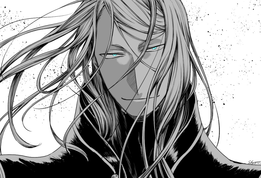 1boy armor aztec blonde_hair blue_eyes fate/grand_order fate_(series) greyscale hair_between_eyes long_hair looking_at_viewer male_focus monochrome simple_background smile solo tezcatlipoca_(fate) tezcatlipoca_(second_ascension)_(fate) upper_body white_background yuuzuki230