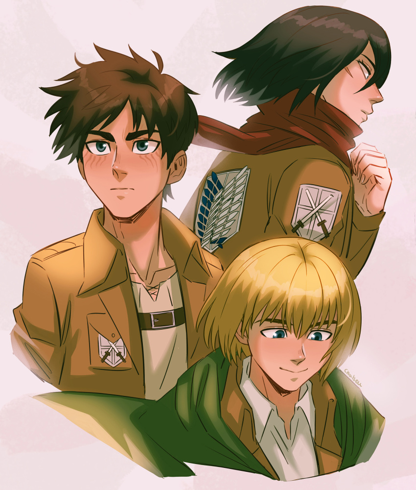 1girl 2boys armin_arlert artist_name belt black_hair blonde_hair blue_eyes brown_hair brown_jacket chalseu cloak commentary english_commentary eren_yeager eyebrows_hidden_by_hair facial_mark green_cloak highres jacket medium_hair mikasa_ackerman multiple_boys paradis_military_uniform red_scarf scar scar_on_chest scarf shingeki_no_kyojin signature smile survey_corps_(emblem) training_corps_(emblem)