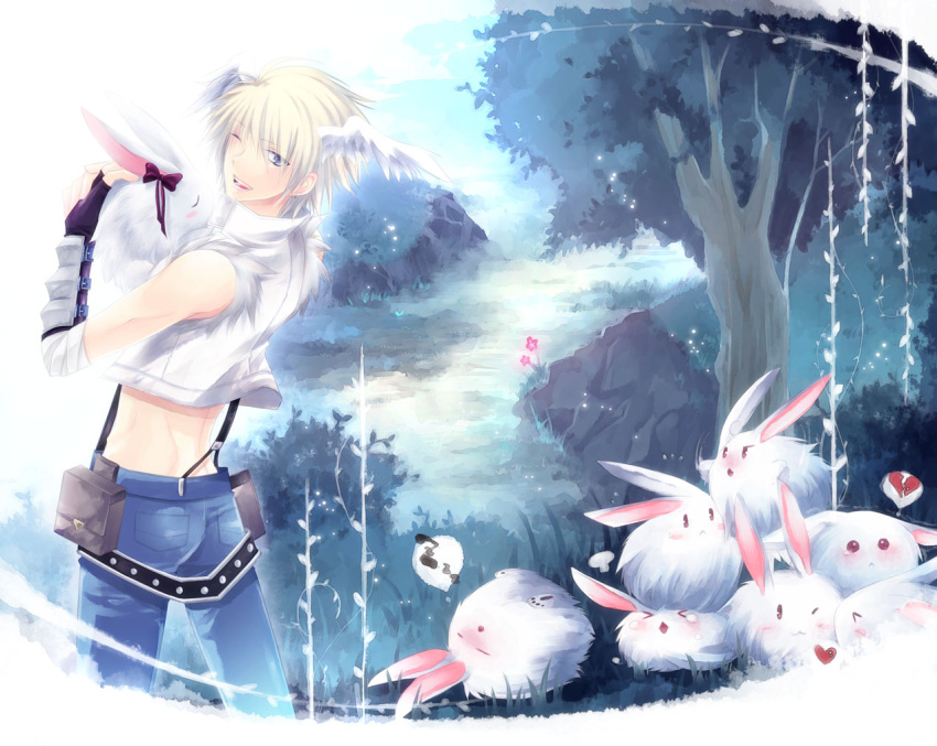 1boy :&lt; belt black_belt black_gloves blonde_hair blue_pants blush bow broken_heart commentary_request cowboy_shot crop_top feathered_wings fingerless_gloves from_behind fur-trimmed_shirt fur_trim gloves grass grey_eyes hair_between_eyes head_wings heart long_bangs looking_at_viewer looking_back lunatic_(ragnarok_online) one_eye_closed open_mouth pants path pouch rabbit ragnarok_online red_bow rock shirt short_hair sleeping smile spoken_heart spoken_zzz suspenders takamura_ryou torn_clothes torn_shirt tree vambraces white_shirt white_wings whitesmith_(ragnarok_online) wings zzz