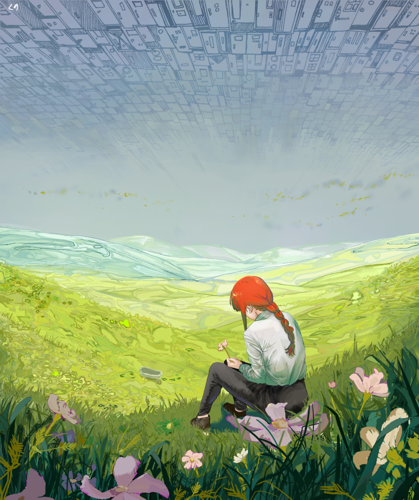 1girl bathtub black_footwear black_pants braid braided_ponytail business_suit chainsaw_man collared_shirt door facing_away flower formal from_behind grass hair_behind_ear hell_(chainsaw_man) highres hill holding holding_flower horizon kuno_(9_1_kuno_ichi) landscape long_sleeves looking_at_flowers looking_at_object looking_down makima_(chainsaw_man) medium_hair no_socks office_lady outdoors pants pink_flower redhead scenery shirt shirt_tucked_in sidelocks sitting solo suit white_flower white_shirt
