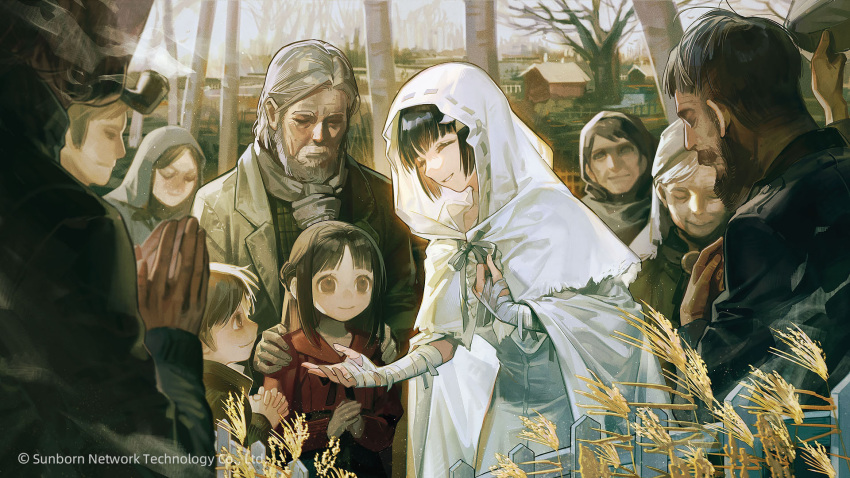 5boys 5girls bandaged_arm bandaged_hand bandages bare_tree beard black_hair child closed_eyes closed_mouth commentary company_name copyright dress english_commentary facial_hair female_child fence girls_frontline grin hand_on_own_chest head_down head_out_of_frame highres house long_hair looking_at_another machlian_(girls'_frontline) male_child mixed-language_commentary multiple_boys multiple_girls nunok official_art old old_man old_woman open_hand own_hands_clasped own_hands_together picket_fence praying removing_hat short_hair smile smoking smoking_pipe spoilers town tree wheat white_dress white_hood wooden_fence