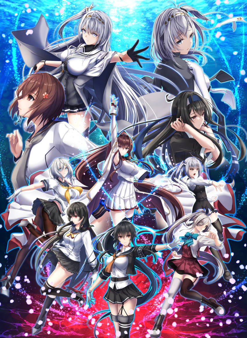 6+girls absurdres ahoge aqua_bow aqua_bowtie asashimo_(kancolle) asashimo_kai_ni_(kancolle) asymmetrical_legwear belt black_belt black_dress black_gloves black_hair black_pantyhose black_ribbon black_sailor_collar black_skirt black_socks black_thighhighs blazer blue_eyes blue_headband bodysuit boots bow bowtie breasts brown_eyes brown_hair cherry_blossoms clothes_writing clothing_cutout coat coat_on_shoulders collar cross-laced_footwear dress flower fuyutsuki_(kancolle) gloves grey_eyes grey_hair grey_jacket grey_neckerchief grey_necktie grey_shawl grey_thighhighs hachimaki hachiware_(8ware63) hair_between_eyes hair_flower hair_intakes hair_ornament hair_over_one_eye hair_ribbon hairclip half_gloves hamakaze_(kancolle) hatsushimo_(kancolle) hatsushimo_kai_ni_(kancolle) headband high_heels highres isokaze_(kancolle) jacket kantai_collection kasumi_(kancolle) kasumi_kai_ni_(kancolle) lace-up_boots large_breasts long_coat long_hair long_sleeves low-tied_long_hair medium_breasts metal_collar microskirt mismatched_legwear multicolored_hair multiple_girls neckerchief necktie one_side_up open_mouth orange_neckerchief pantyhose pinafore_dress pleated_skirt ponytail purple_dress red_eyes ribbon sailor_collar sailor_dress sailor_shirt sakuramon school_uniform serafuku sharp_teeth shawl shirt short_hair short_sleeves shoulder_cutout side_ponytail sidelocks single_sock single_thighhigh skirt sleeveless sleeveless_coat sleeveless_dress sleeves_rolled_up small_breasts socks suzutsuki_(kancolle) teeth thigh-highs tress_ribbon uneven_legwear very_long_hair white_bodysuit white_coat white_gloves white_headband white_ribbon white_sailor_collar white_shirt white_skirt yahagi_(kancolle) yahagi_kai_ni_(kancolle) yamato_(kancolle) yamato_kai_ni_(kancolle) yellow_neckerchief yukikaze_(kancolle) yukikaze_kai_ni_(kancolle)