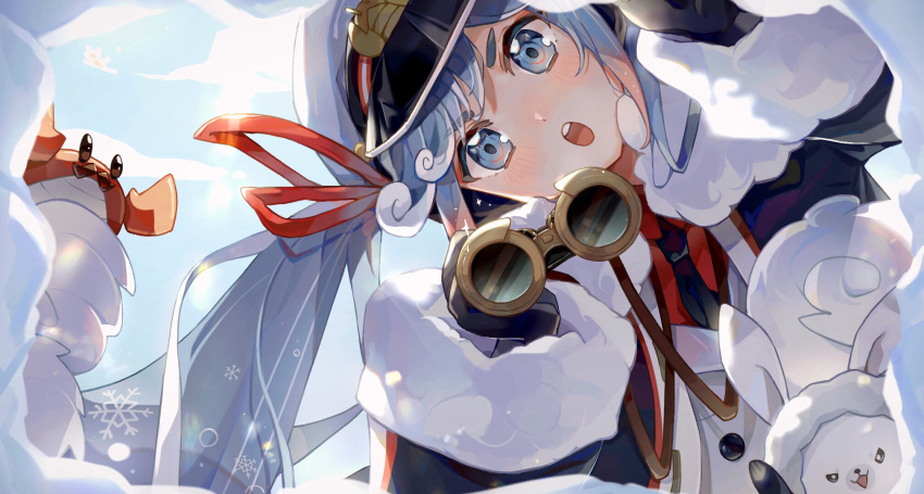 1girl :o animal binoculars black_coat black_eyes black_gloves black_necktie blue_eyes blue_hair chinese_commentary clouds coat commentary crab day eyewear_around_neck fur-trimmed_coat fur-trimmed_hood fur_trim gloves hat hatsune_miku highres holding holding_binoculars hood jacket leaning_to_the_side lens_flare long_hair looking_at_viewer military military_uniform nanasun_(nnsn02777) naval_uniform necktie open_mouth outdoors outstretched_arm peaked_cap rabbit rabbit_yukine red_shirt shirt snow snowflake_print solo teeth twintails uniform upper_teeth_only v-shaped_eyes variant_set vocaloid wavy_hair white_hair white_headwear white_jacket yuki_miku yuki_miku_(2022)