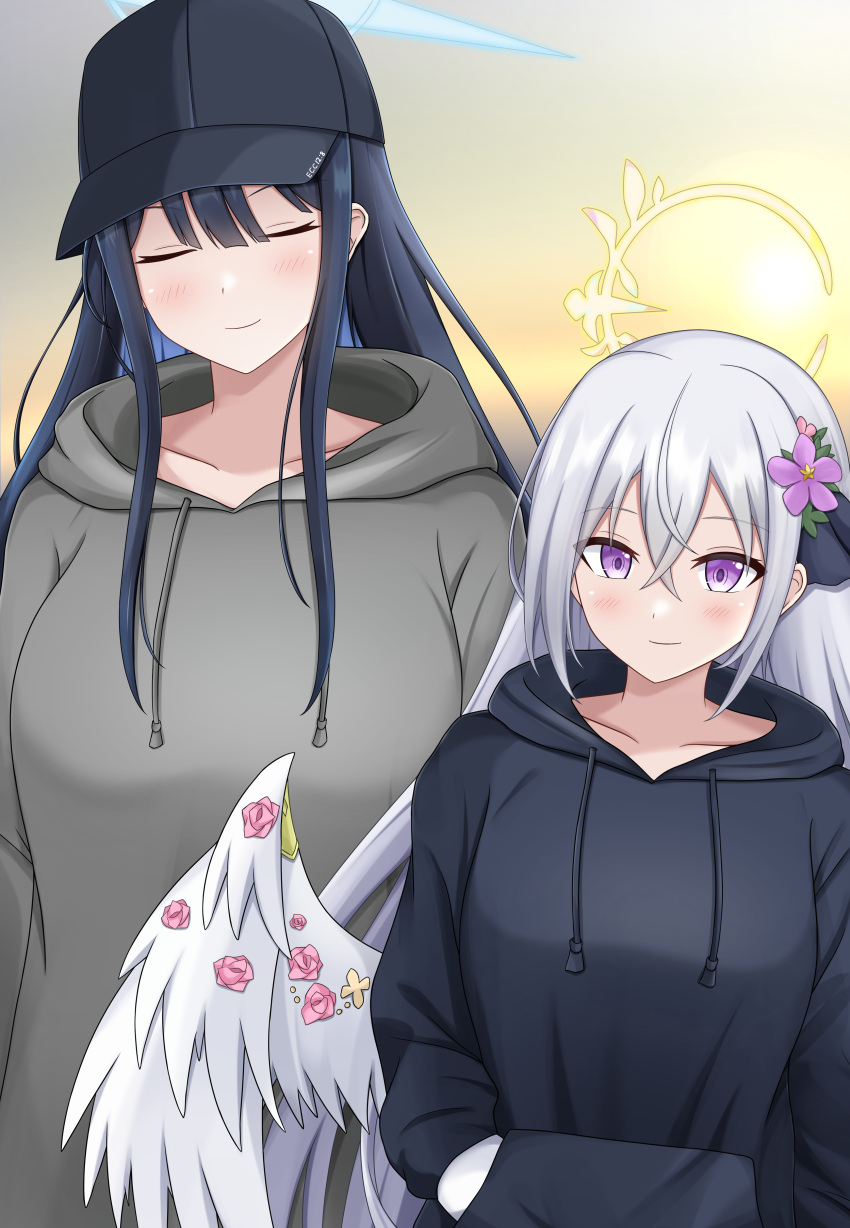 2girls absurdres angel_wings azusa_(blue_archive) baseball_cap black_hair black_sweater blue_archive blunt_bangs closed_eyes collarbone colored_inner_hair commentary_request feathered_wings flower grey_hair grey_sweater hair_between_eyes hair_flower hair_ornament hair_ribbon halo hands_in_pockets hat height_difference highres hood hooded_sweater hwlo long_hair long_sleeves looking_at_viewer magaasha multicolored_hair multiple_girls ribbon saori_(blue_archive) sidelocks simple_background sweater violet_eyes white_wings wings