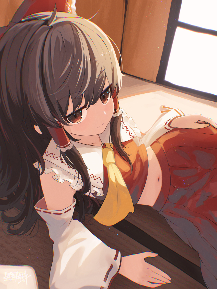 1girl absurdres arm_support ascot blush bow brown_hair commentary_request detached_sleeves frilled_hair_tubes frilled_shirt_collar frills hair_bow hair_tubes hakurei_reimu hand_on_own_hip highres long_hair looking_at_viewer lying on_side red_bow red_eyes red_skirt red_vest ribbon-trimmed_sleeves ribbon_trim senzaicha_kasukadoki sidelocks skirt skirt_set solo touhou vest white_sleeves wide_sleeves yellow_ascot