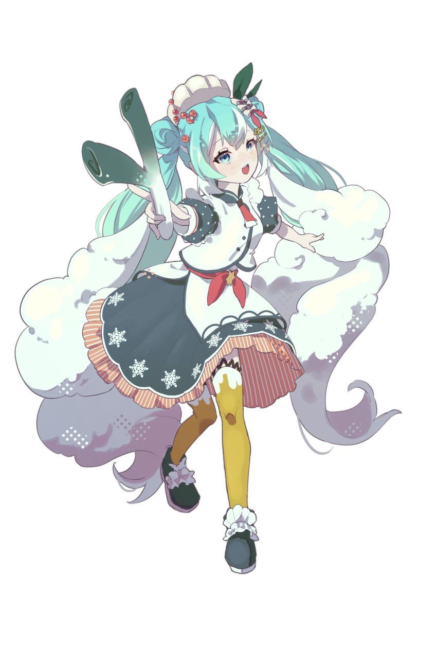 1girl :d aiming_at_viewer aqua_eyes aqua_footwear aqua_hair aqua_skirt aqua_sleeves bow commentary crab_hair_ornament double_bun fluffy food foreshortening frilled_skirt frills full_body green_ribbon hair_bun hair_ornament hairclip hatsune_miku highres holding holding_food holding_spring_onion holding_vegetable hukaya39 ikura_(food) layered_skirt long_hair multicolored_hair necktie open_mouth orange_thighhighs outstretched_arm pink_bow pink_necktie pink_ribbon polka_dot_sleeves puffy_short_sleeves puffy_sleeves ribbon shirt short_necktie short_sleeves skirt smile solo spring_onion streaked_hair thigh-highs twintails vegetable very_long_hair vocaloid wavy_hair white_background white_hair white_headwear white_ribbon white_shirt yuki_miku
