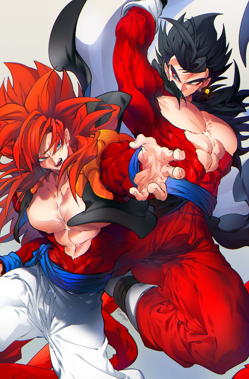 black_hair blue_eyes blue_sash closed_mouth dougi dragon_ball dragon_ball_gt dragon_ball_heroes earrings gloves gogeta highres jewelry long_hair male_focus metamoran_vest monkey_boy monkey_tail multiple_boys muscular muscular_male ommmyoh open_mouth pants potara_earrings red_fur saiyan sash spiky_hair super_saiyan super_saiyan_4 tail time_patrol_(dragon_ball) twitter_username vegetto vegetto_(xeno)