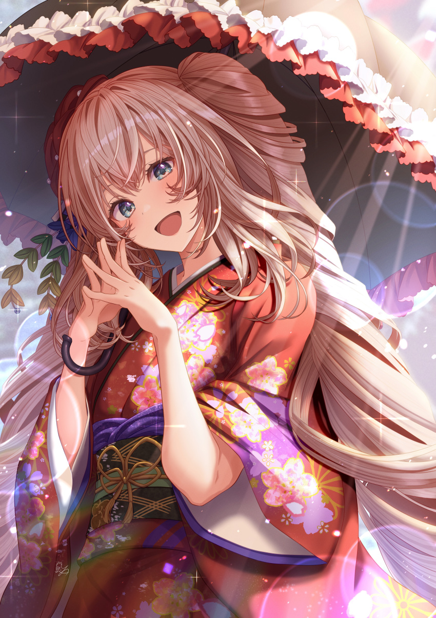 1girl absurdres black_umbrella blue_eyes blue_flower fate/grand_order fate_(series) floral_print flower frilled_umbrella frills grey_hair hair_flower hair_ornament highres japanese_clothes kimono long_hair marie_antoinette_(fate) obi open_mouth red_kimono ringlets sash solo steepled_fingers totomiya umbrella very_long_hair