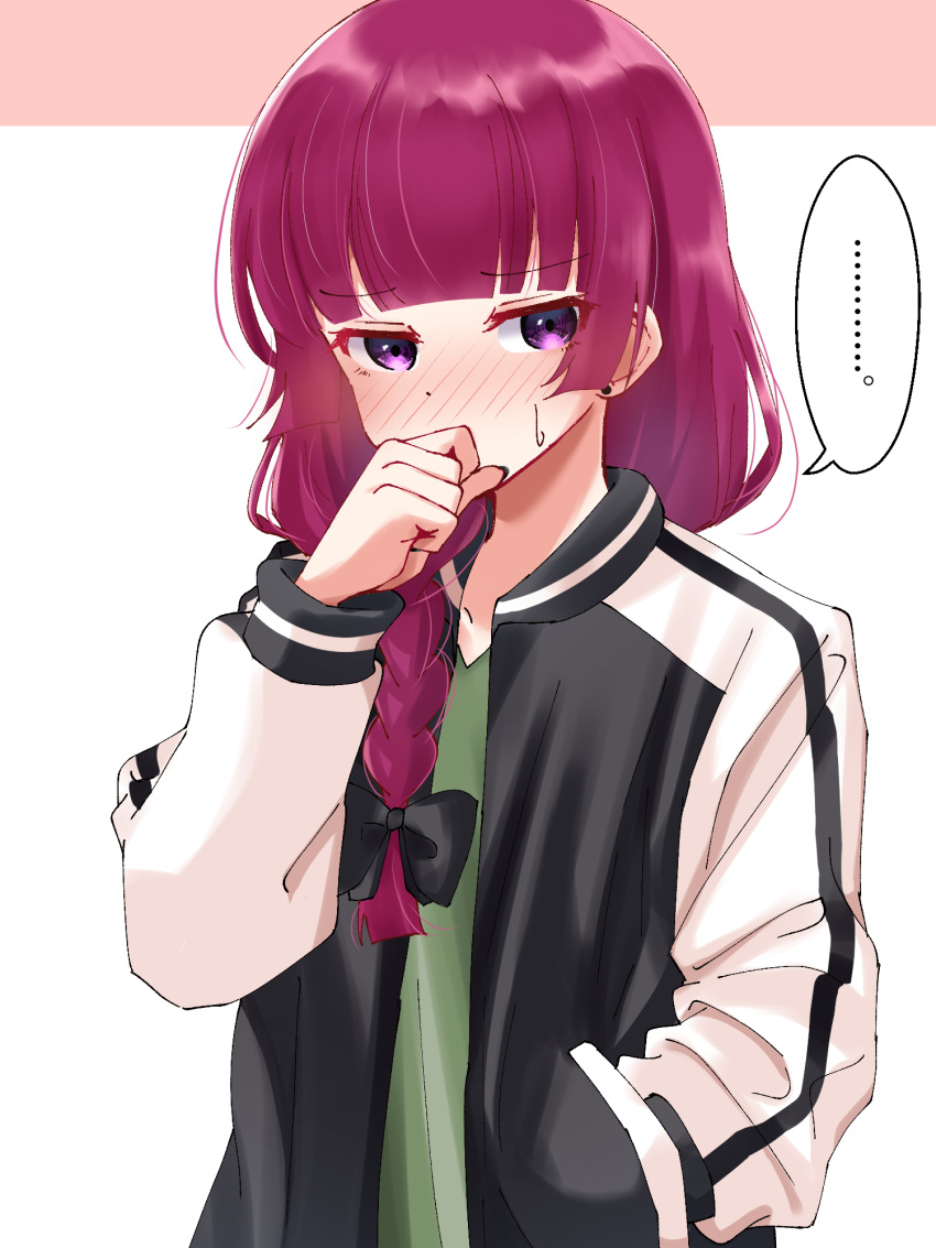 1girl black_bow blunt_bangs blush bocchi_the_rock! bow braid covering_mouth dress embarrassed green_dress hair_bow hair_over_shoulder hand_in_pocket hand_over_own_mouth highres hiroi_kikuri jacket long_hair long_sleeves looking_at_viewer open_clothes open_jacket purple_hair single_braid solo speech_bubble sweatdrop upper_body violet_eyes wata9mm_no