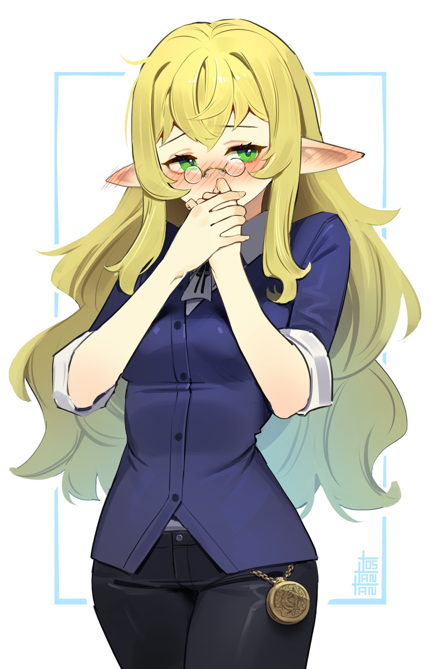 1girl absurdres artist_name black_pants blonde_hair blue_shirt blush borrowed_character breasts commentary cowboy_shot ear_blush elf english_commentary green_eyes hands_over_own_mouth highres long_hair looking_at_viewer medium_breasts nose_blush original pants pince-nez pointy_ears shirt simple_background solo tostantan untucked_shirt wavy_hair white_background