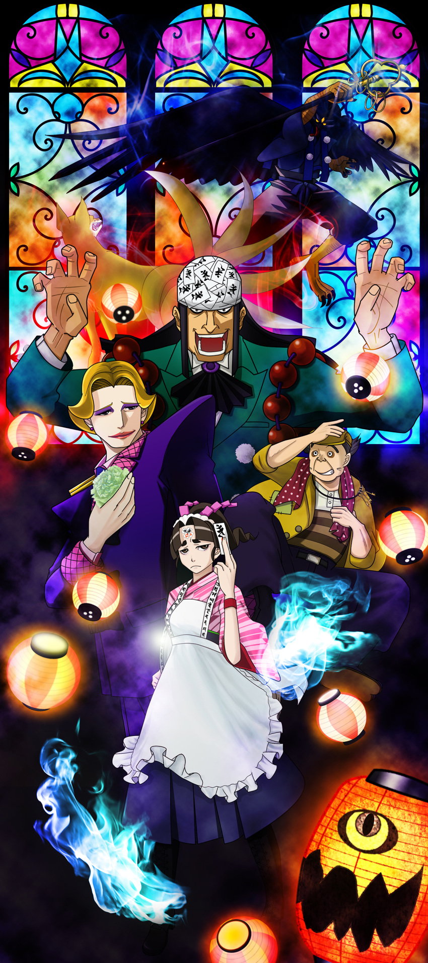 1girl 1other 3boys :d absurdres ace_attorney arms_up ascot bags_under_eyes black_ascot black_eyes black_hair blonde_hair corsage damian_tenma earrings eyeshadow florent_l'belle formal frown halloween highres hitodama japanese_clothes jewelry jinxie_tenma kaeru30th key kimono lantern lipstick long_hair long_sleeves makeup multiple_boys ofuda old old_man paper_lantern phineas_filch phoenix_wright:_ace_attorney_-_dual_destinies pink_kimono red_wristband shirt short_hair smile stained_glass striped striped_shirt stud_earrings suit talisman tenma_taro waitress wide_sleeves yellow_headwear