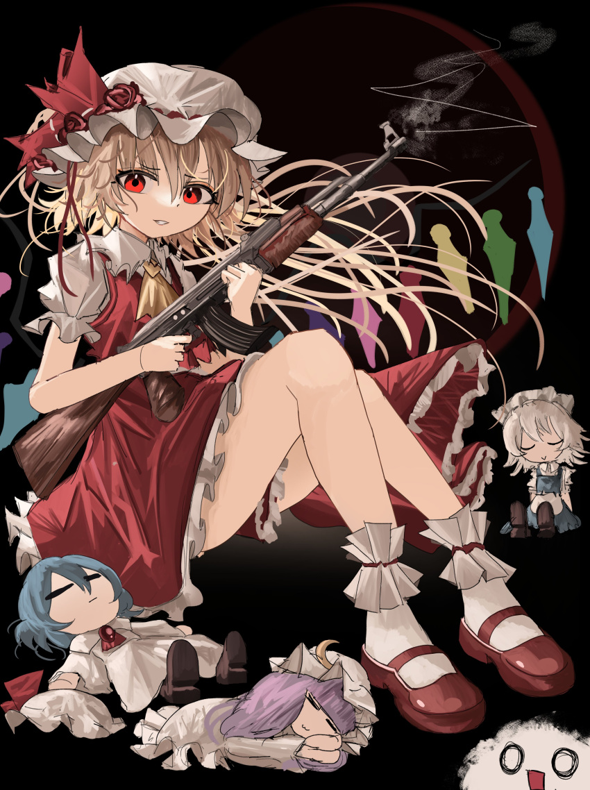 1girl absurdres ak-47 ascot assault_rifle black_background blonde_hair commentary crystal doll english_commentary flandre_scarlet frilled_skirt frills gun hat hat_ribbon highres holding holding_gun holding_weapon izayoi_sakuya kalashnikov_rifle kedama_(touhou) knees_up long_hair looking_at_viewer o_o ougiikun parted_lips patchouli_knowledge red_eyes red_footwear red_ribbon red_skirt remilia_scarlet ribbon rifle short_sleeves simple_background sitting skirt socks solo touhou weapon white_headwear white_socks wings yellow_ascot