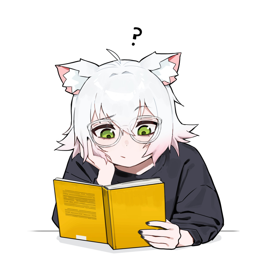 1girl ? absurdres ahoge animal_ears black_nails book closed_mouth glasses green_eyes highres holding holding_book looking_away open_book original reading short_hair simple_background solo vertigris white-framed_eyewear white_background white_hair