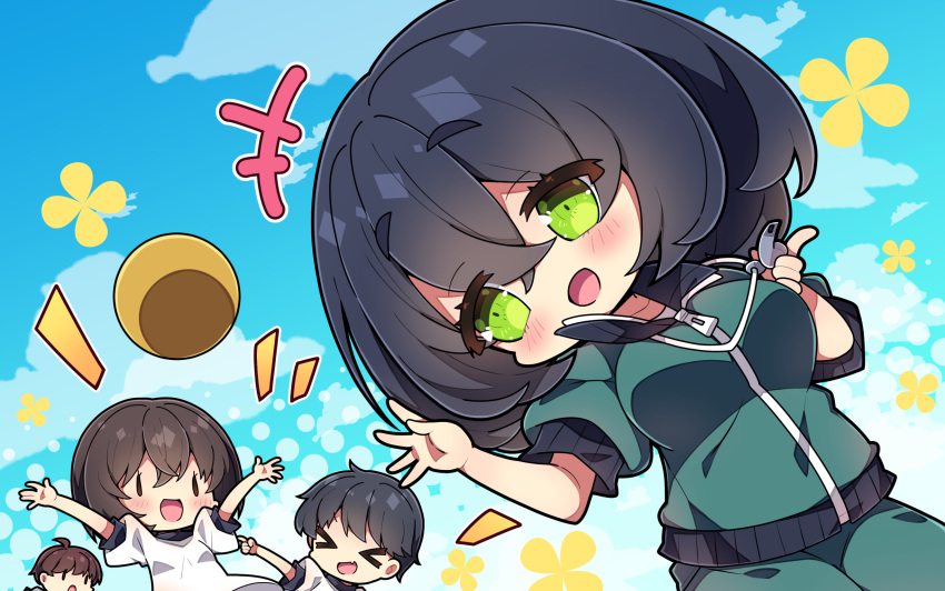 &gt;_&lt; +++ 2boys 2girls :d ball black_hair blue_sky blush breasts brown_eyes brown_hair closed_eyes clouds cloudy_sky commentary_request day fang green_eyes green_jacket green_pants gym_shirt hair_between_eyes halftone halftone_background highres jacket kyoumachi_seika medium_breasts milkpanda multiple_boys multiple_girls notice_lines outdoors outstretched_arm outstretched_arms pants puffy_short_sleeves puffy_sleeves shirt short_sleeves sky smile solid_oval_eyes track_jacket track_pants track_suit voiceroid whistle whistle_around_neck white_shirt xd