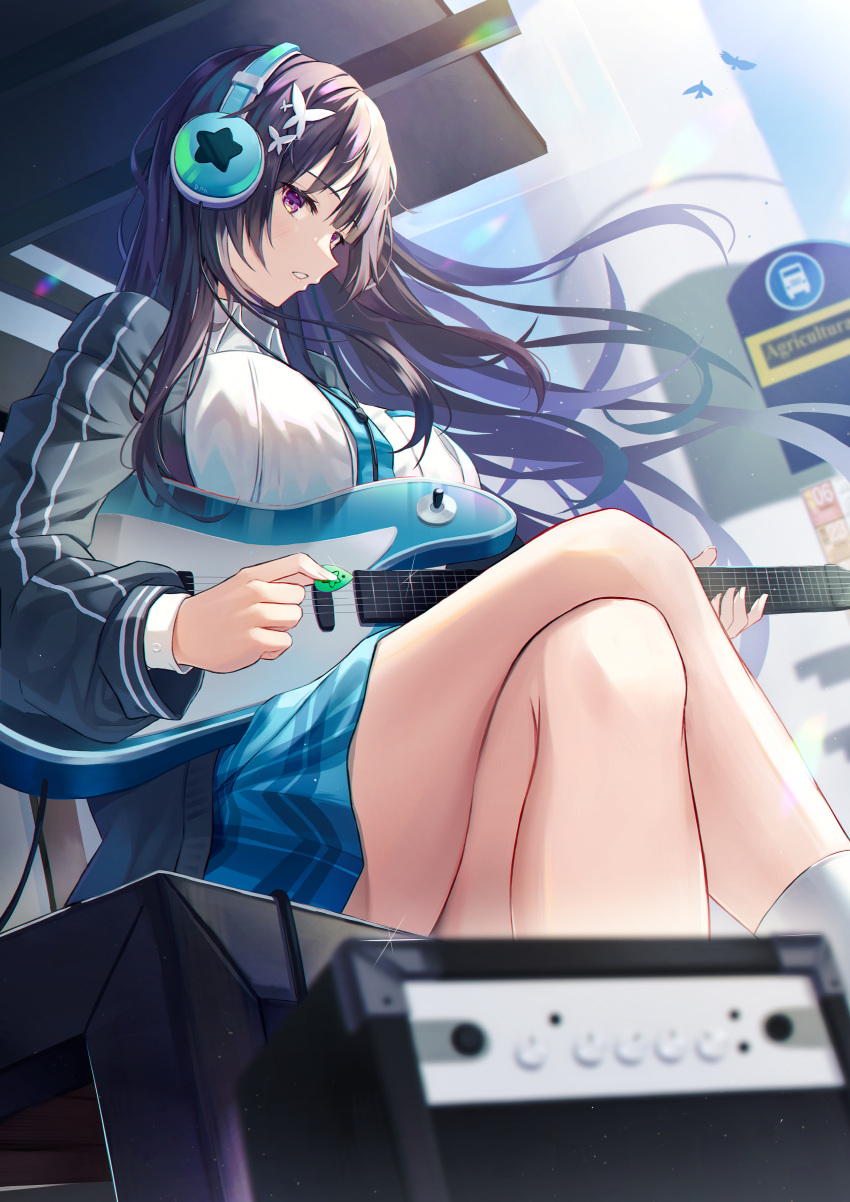 1girl absurdres black_hair blue_skirt breasts counter:side cowboy_shot crossed_legs day gradient_eyes hair_ornament headphones highres hyonee instrument jin_bora_(counter:side) large_breasts long_hair multicolored_eyes music playing_instrument school_uniform sidelocks sitting sitting_on_bench skirt solo very_long_hair violet_eyes