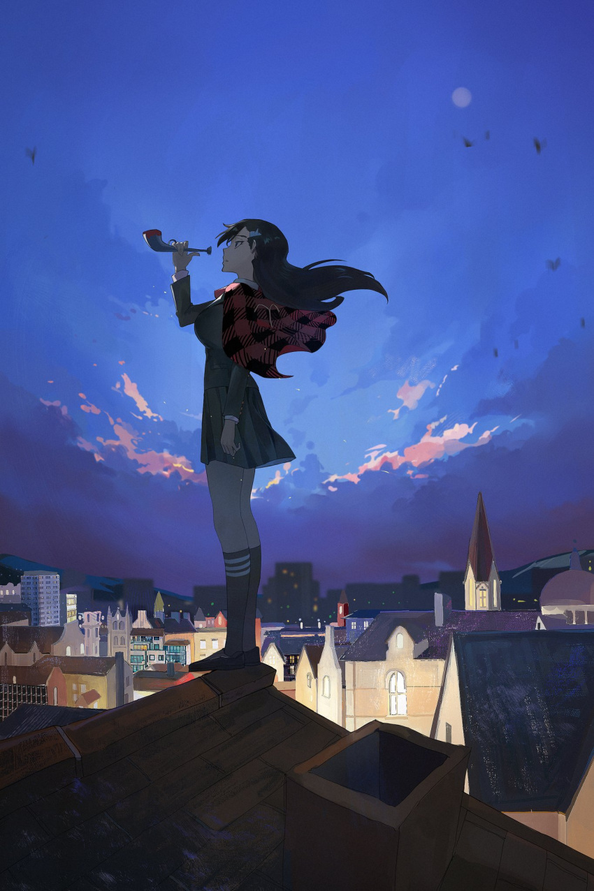 1girl black_hair black_socks burn_the_witch capelet clouds cloudy_sky dusk floating_hair full_body full_moon green_jacket green_skirt hair_ornament hairclip highres holding holding_instrument instrument jacket kneehighs long_hair moon niihashi_noel on_roof plaid_capelet pleated_skirt profile red_capelet shirt skirt sky socks solo standing_on_roof town trumpet white_shirt wind zzz_zhi_he