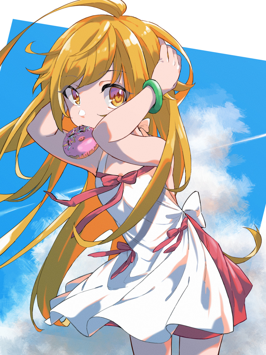 1girl 999ool absurdres arms_up bakemonogatari blonde_hair blue_sky bow bracelet clouds commentary day doughnut dress dress_bow food food_in_mouth green_bracelet hands_in_hair highres jewelry long_hair looking_at_viewer monogatari_(series) mouth_hold oshino_shinobu pink_bow sky solo standing sundress very_long_hair white_dress yellow_eyes