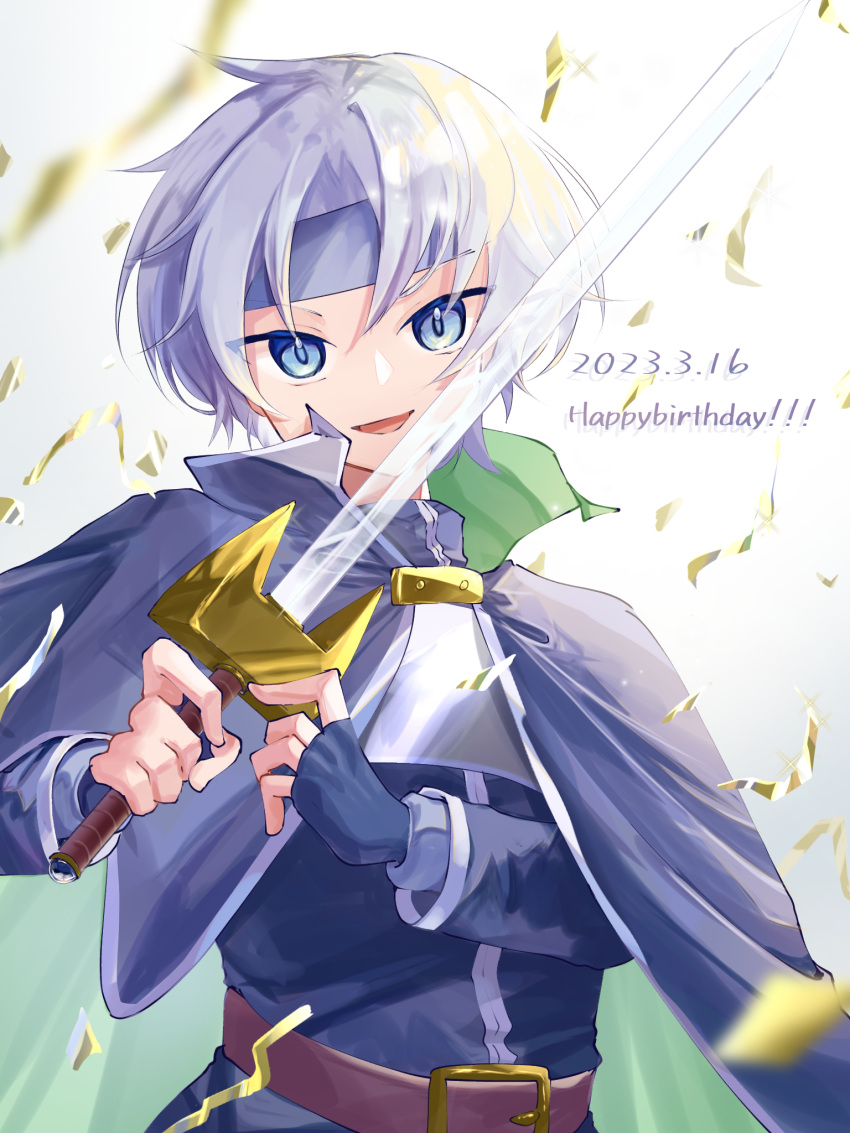 1boy :d armor belt black_gloves blue_eyes blue_headband breastplate cape dated gloves happy_birthday headband highres holding holding_sword holding_weapon long_sleeves looking_at_viewer male_focus nono_yasai open_mouth parted_bangs puyopuyo schezo_wegey short_hair simple_background smile solo sword transparent_sword transparent_weapon weapon white_hair