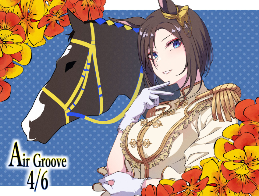 1girl 1other air_groove_(racehorse) air_groove_(umamusume) alternate_costume birthday blue_eyes brown_hair character_name commentary creature_and_personification dated epaulettes flower gloves highres horse horse_girl jacket looking_at_viewer nasturtium short_hair sugamo_(rainysnowy108) umamusume upper_body white_gloves white_jacket