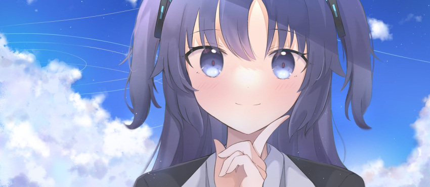 1girl blue_archive blue_eyes closed_mouth clouds finger_to_cheek hand_up highres light_blush light_particles long_hair looking_at_viewer outdoors portrait prst_pictuer purple_hair sidelocks sky smile solo two_side_up yuuka_(blue_archive)