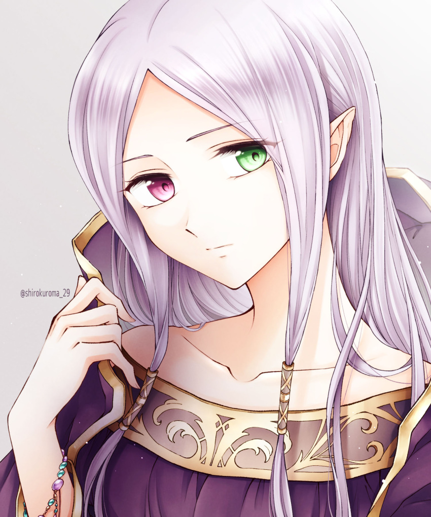 1girl closed_mouth collarbone commentary_request fire_emblem fire_emblem:_the_binding_blade forehead gold_trim green_eyes grey_background hair_ornament hair_tubes heterochromia highres idunn_(fire_emblem) jewelry light_purple_hair long_hair looking_at_viewer parted_bangs pointy_ears purple_robe robe shirokuroma_29 simple_background solo twitter_username violet_eyes
