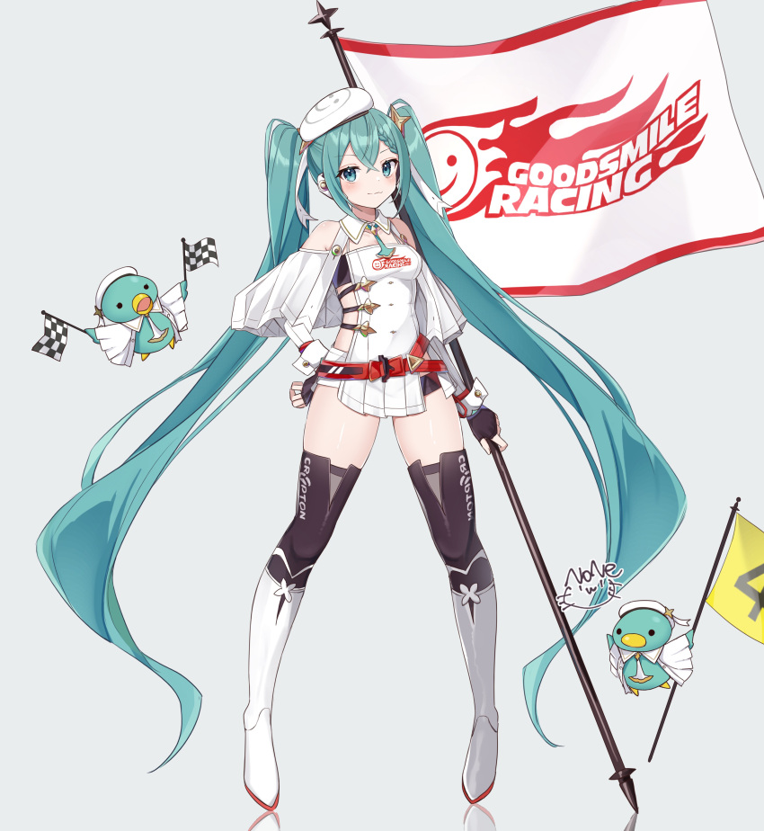1girl absurdres bird blue_eyes blue_hair boots checkered_flag closed_mouth clothing_cutout fingerless_gloves flag gloves hand_on_own_hip hat hatsune_miku highres holding holding_flag light_blush long_hair looking_at_viewer noneon319 racing_miku racing_miku_(2023) shoulder_cutout simple_background smile thigh_boots twintails very_long_hair vocaloid