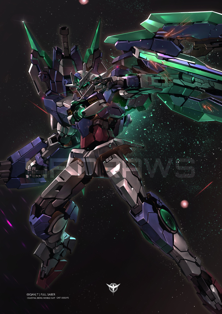 00_qan[t] 00_qan[t]_full_saber absurdres brayanong999 character_name commentary english_text glowing glowing_eyes gn_drive green_eyes gundam gundam_00 gundam_00_a_wakening_of_the_trailblazer highres holding holding_sword holding_weapon light_particles logo mecha mobile_suit no_humans robot science_fiction shield solo space sword v-fin weapon