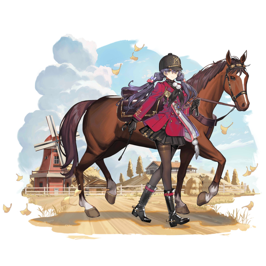 1girl animal barn black_footwear black_gloves black_neckerchief black_shirt black_skirt boots bridle brown_eyes brown_pantyhose closed_mouth clouds cloudy_sky day falling_leaves farm full_body girls_frontline gloves hair_between_eyes hat haystack highres holding_riding_crop horse house jacket jockey knee_boots leaf lewis_(gallop_of_gingko_leaves_and_autumn_winds)_(girls'_frontline) lewis_(girls'_frontline) long_hair long_sleeves looking_at_viewer medal multicolored_sash neck_bobbles neckerchief official_alternate_costume official_art outdoors pantyhose pleated_skirt post_and_rail_fence purple_hair red_jacket reins riding_crop saddle shirt skirt sky smile solo spurs starshadowmagician transparent_background tree walking windmill yellow_leaves