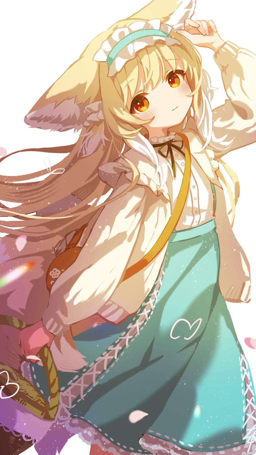 1girl absurdres animal_ear_fluff animal_ears arknights arm_up bag basket black_ribbon blonde_hair blue_hairband blue_skirt blush brown_bag cardigan closed_mouth commentary_request cy_fros fox_ears fox_girl frilled_hairband frills hair_ornament hair_scrunchie hairband highres holding holding_basket long_hair long_sleeves multicolored_hair neck_ribbon official_alternate_costume open_cardigan open_clothes puffy_long_sleeves puffy_sleeves ribbon scrunchie shirt shoulder_bag simple_background skirt sleeve_cuffs solo stitches suzuran_(arknights) suzuran_(spring_praise)_(arknights) two-tone_hair white_background white_hair white_shirt yellow_cardigan yellow_eyes
