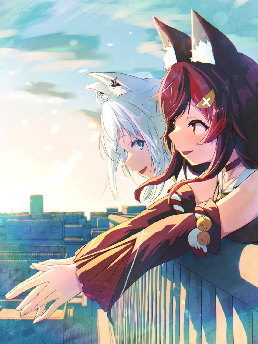 2girls against_railing ahoge animal_ear_fluff animal_ears black_choker black_hair black_shirt braid choker commentary_request day detached_sleeves earrings fox_ears fox_girl green_eyes hair_between_eyes hair_ornament hairclip highres hololive jewelry looking_at_viewer multicolored_hair multiple_girls oki_no_fuji ookami_mio open_mouth outdoors outstretched_arms own_hands_together railing redhead shirakami_fubuki shirt sidelocks single_braid streaked_hair virtual_youtuber white_hair wolf_ears wolf_girl yellow_eyes