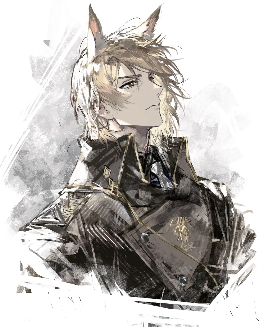 1boy animal_ears arknights black_coat blonde_hair closed_mouth coat collared_coat cropped_torso expressionless from_side highres horse_boy horse_ears male_focus mlynar_(arknights) orange_eyes portrait remsrar short_hair solo white_background