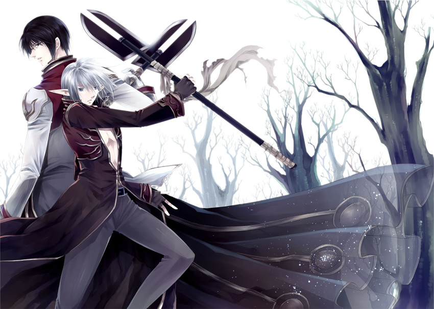 2boys back-to-back bare_tree black_coat black_eyes black_hair blue_eyes coat commentary_request feet_out_of_frame glasses gloves grey_pants hair_between_eyes high_priest_(ragnarok_online) holding holding_weapon long_bangs long_sleeves looking_at_viewer looking_back mace male_focus multiple_boys pants parted_lips pointy_ears priest_(ragnarok_online) ragnarok_online red_coat short_hair takamura_ryou textless_version tree two-tone_coat weapon white_coat white_gloves white_hair