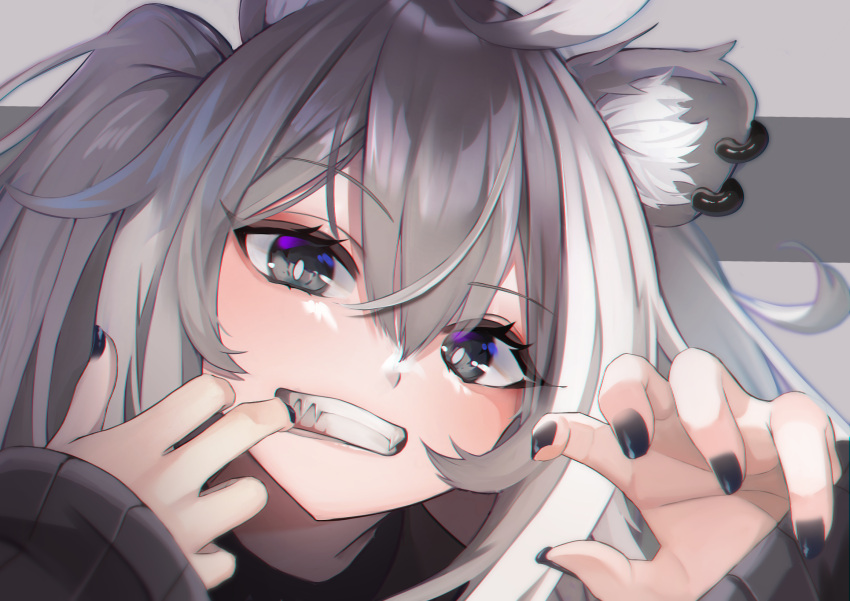 1girl animal_ears black_nails earrings grey_background grey_eyes grey_hair highres hololive jewelry long_hair lookhow looking_at_viewer sharp_teeth shishiro_botan simple_background solo teeth tiger_ears virtual_youtuber