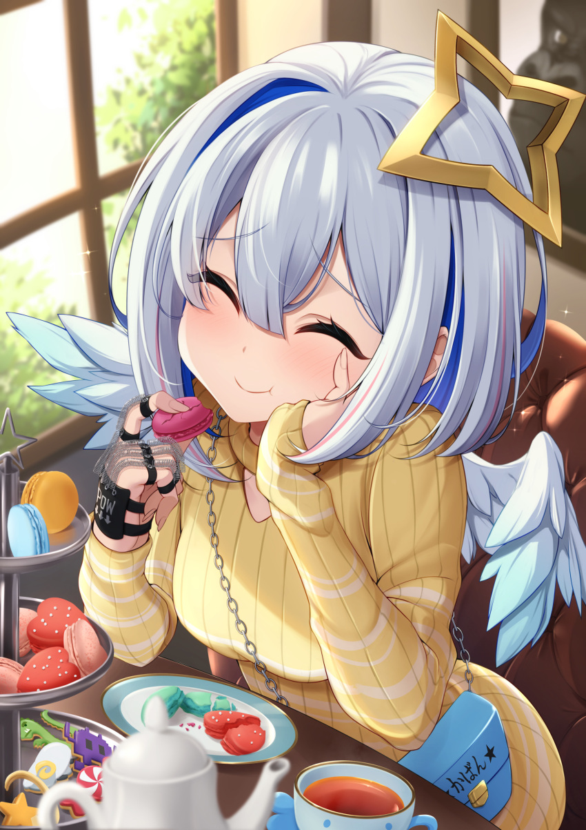 1girl absurdres alternate_costume amane_kanata angel_wings blue_hair blush closed_eyes closed_mouth colored_inner_hair commentary_request cup eating feathered_wings food grey_hair hair_between_eyes halo hand_on_own_cheek hand_on_own_face highres holding holding_food hololive indoors kaigan long_sleeves mini_wings multicolored_hair pink_hair short_hair sidelocks sleeves_past_wrists smile solo sparkle star_halo streaked_hair sweater tea teacup teapot virtual_youtuber white_wings wings yellow_sweater