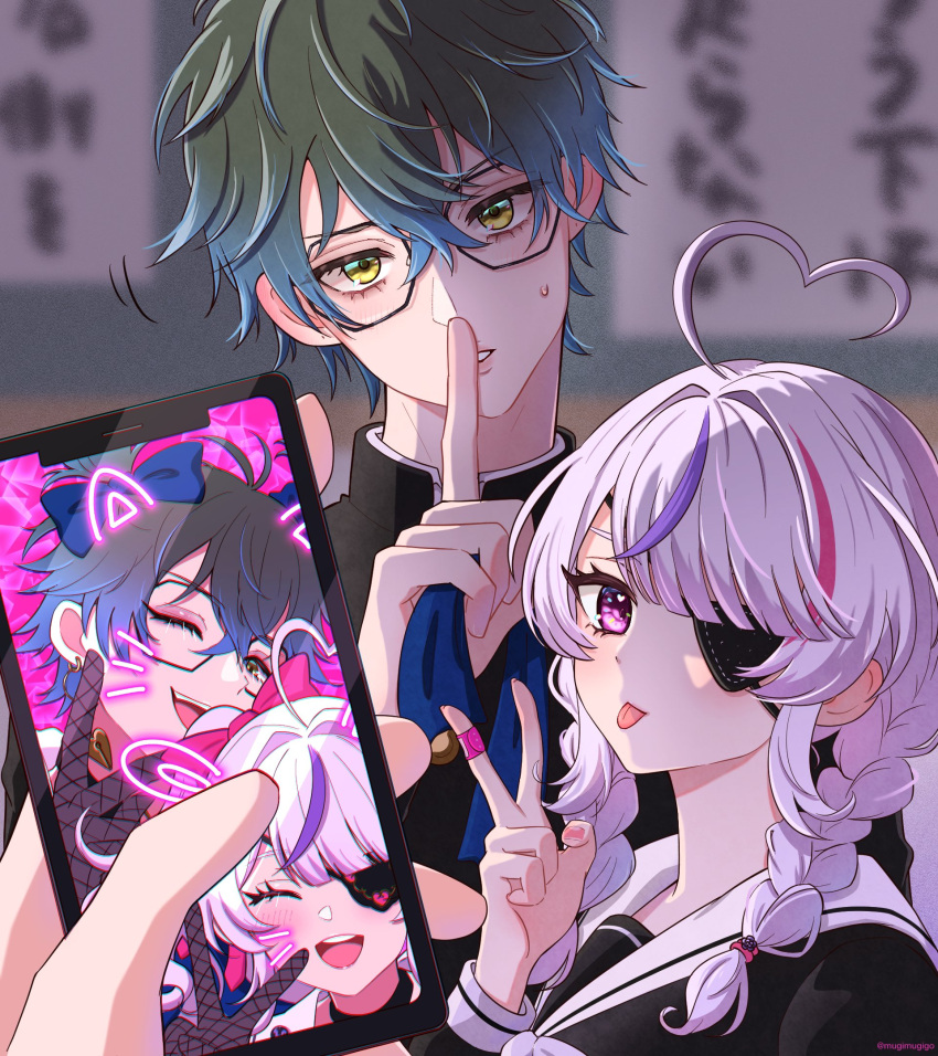 1boy 1girl 1other :d ahoge bandaid bandaid_on_hand blue_hair blush bow braid cellphone crossed_bangs drawn_ears drawn_whiskers ear_blush earrings eyepatch eyeshadow finger_to_mouth fishnet_gloves fishnets gakuran glass gloves gradient_hair green_hair hair_between_eyes hair_bow heart heart_ahoge highres ike_eveland jewelry looking_at_viewer makeup maria_marionette motion_lines mugimugigo multicolored_hair nijisanji nijisanji_en one_eye_closed open_mouth parted_lips phone pink_eyes pink_hair pov pov_hands purple_hair school_uniform short_twintails smile sweatdrop teeth tongue tongue_out twin_braids twintails twitter_username upper_body upper_teeth_only v virtual_youtuber yellow_eyes