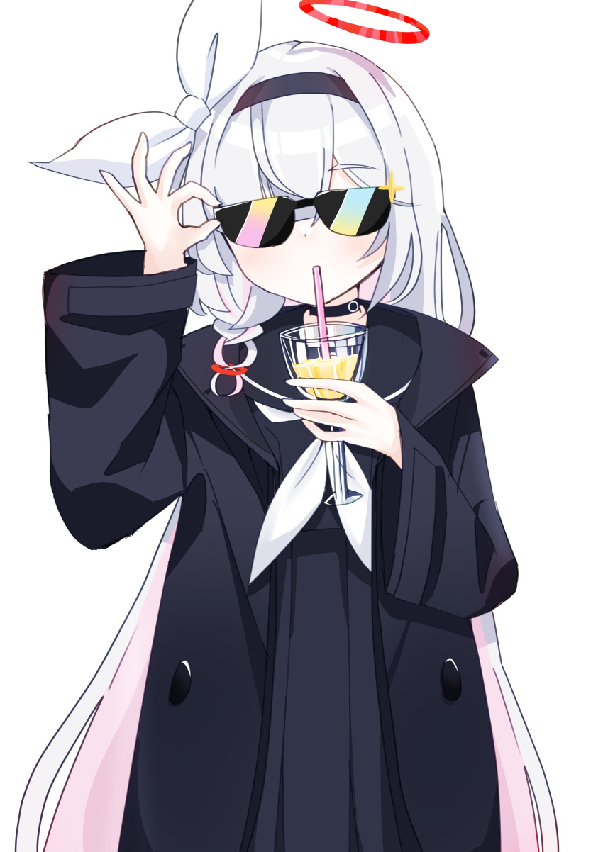 1girl absurdres adjusting_eyewear arm_up black_choker black_coat black_hairband black_sailor_collar black_serafuku black_shirt black_skirt blue_archive braid choker coat colored_inner_hair cowboy_shot cup drinking drinking_glass drinking_straw hair_ribbon hairband halo hand_up highres holding holding_cup long_hair long_sleeves multicolored_hair neckerchief open_clothes open_coat pink_hair red_halo ribbon sailor_collar school_uniform serafuku shigure_(hggk2544) shirt side_braid simple_background single_braid skirt solo sunglasses two-tone_hair very_long_hair white_background white_hair white_neckerchief white_ribbon wide_sleeves wine_glass