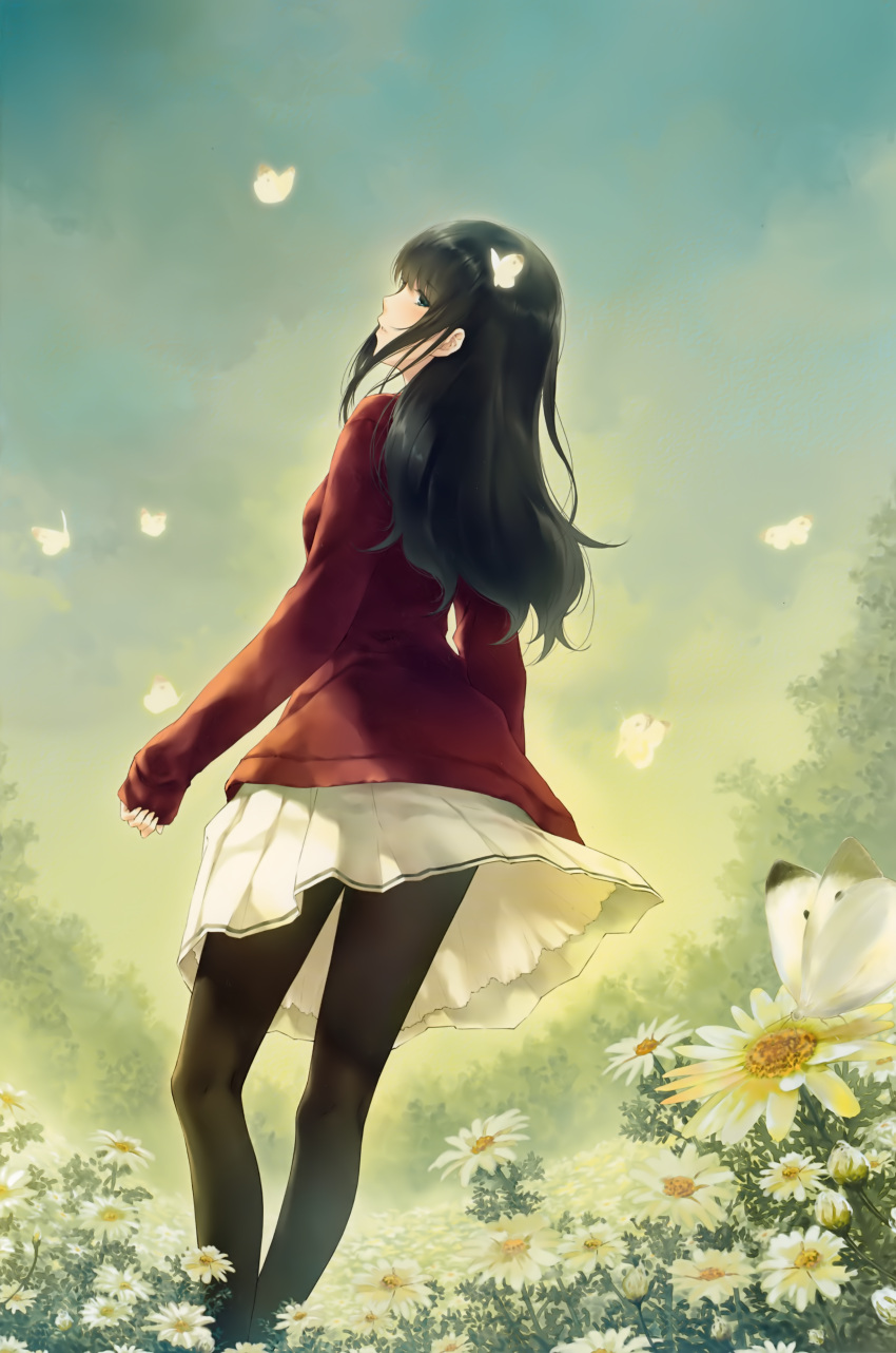 1girl absurdres black_hair blue_eyes bug butterfly daisy field flower flower_field highres innocent_grey kara_no_shoujo_2 kuchiki_touko long_hair looking_at_viewer looking_back official_art pantyhose red_sweater scan school_uniform skirt sky solo sugina_miki sweater tree white_butterfly white_flower white_skirt wind wind_lift