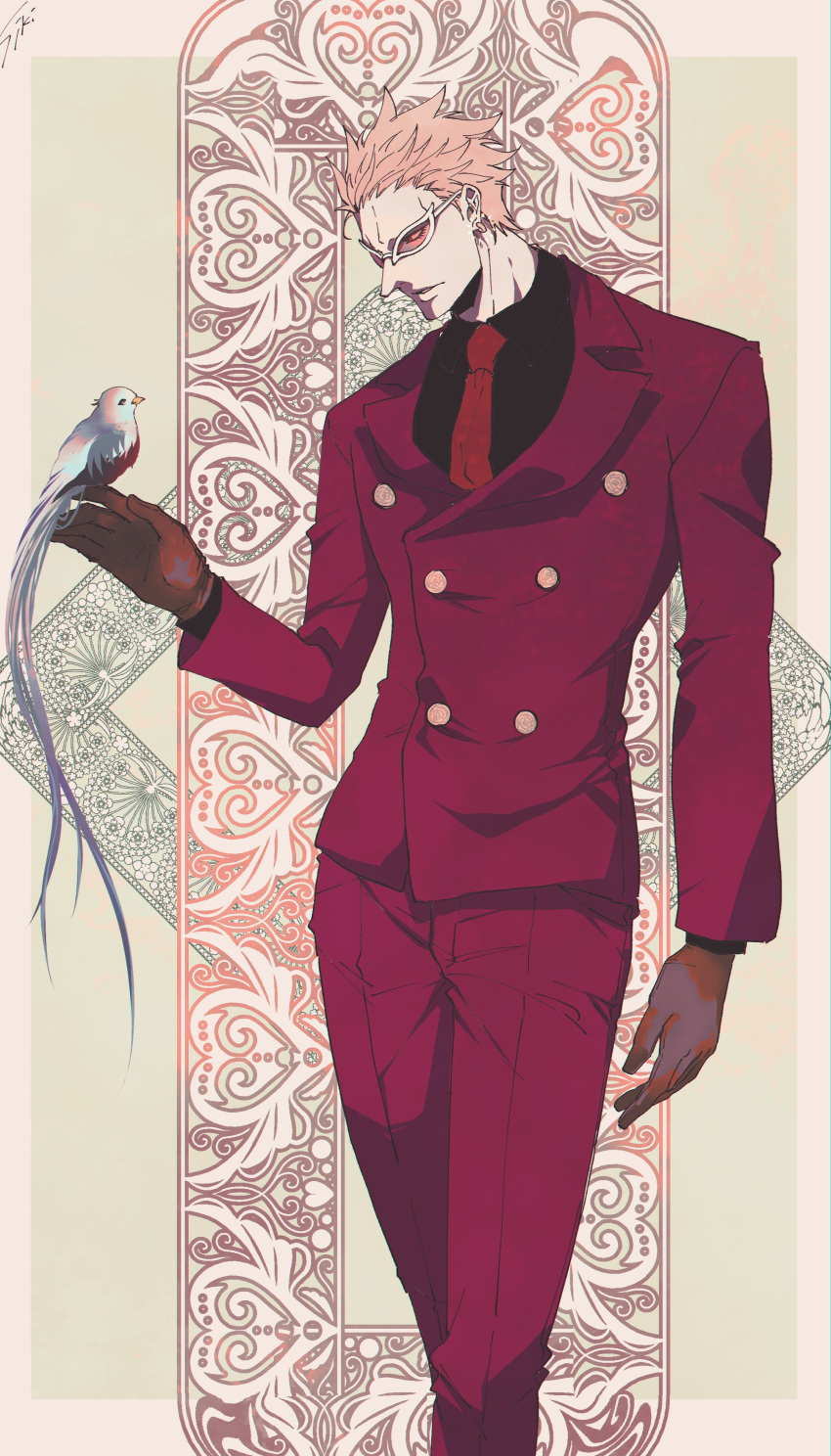 1boy absurdres bird bird_on_hand black_shirt blonde_hair brown_gloves burgundy_jacket buttons closed_eyes donquixote_doflamingo earrings eyelashes feet_out_of_frame formal gloves highres jewelry male_focus necktie one_piece orange-tinted_eyewear pants parted_lips patterned_background red_necktie red_pants red_suit shirt short_hair sk_c_ii solo_focus spiky_hair suit sunglasses tinted_eyewear very_long_tail white-framed_eyewear