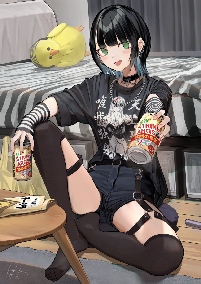 1girl :d absurdres alcohol arm_warmers bed belt black_hair blue_hair can collar colored_inner_hair douryou_(buta5813) green_eyes highres indoors jirai_kei multicolored_hair no_shoes original short_hair short_shorts shorts sitting smile solo stuffed_toy tetto_(onnoveltet) thigh-highs two-tone_hair