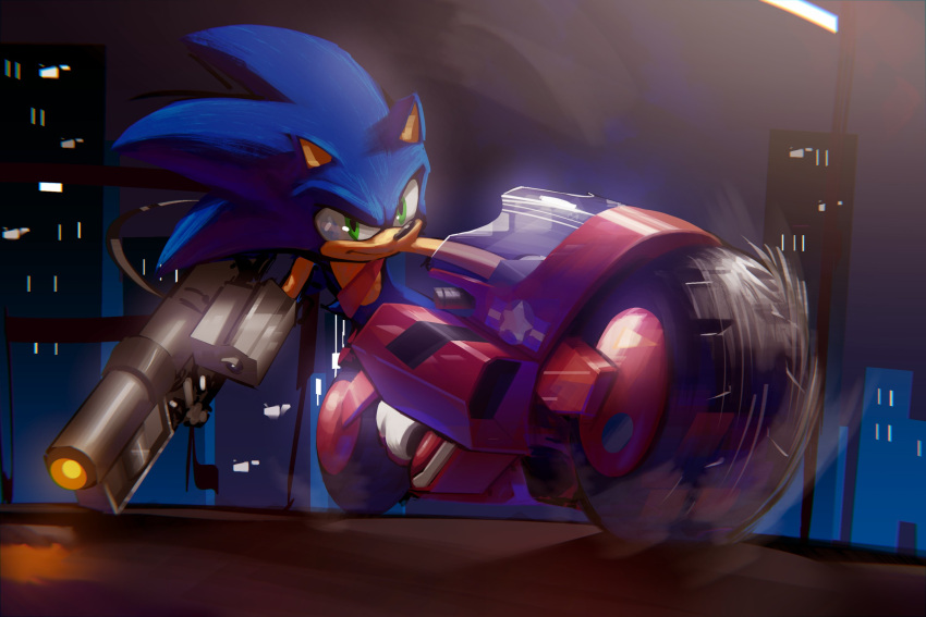 1boy akira animal_ears animal_nose blue_fur cityscape furry furry_male green_eyes gun hedgehog hedgehog_ears hedgehog_tail highres holding holding_gun holding_weapon lamppost lazerpotaters light_particles male_focus motor_vehicle motorcycle night on_motorcycle on_vehicle red_footwear sega shoes sneakers snout socks solo sonic_(series) sonic_the_hedgehog tail weapon white_socks