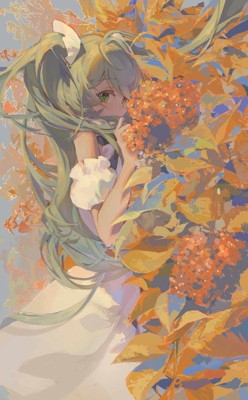 1girl absurdres aqua_hair armband blue_bow blush bow commentary covered_mouth dress feet_out_of_frame flower foliage frilled_armband frills from_side green_eyes hair_ornament hand_up hatsune_miku highres hlymoriia leaf long_hair looking_at_viewer looking_to_the_side non-web_source outdoors sidelocks solo standing swept_bangs twintails very_long_hair vocaloid white_dress