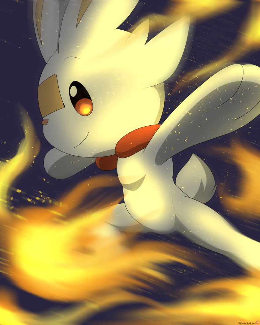 absurdres commentary embers english_commentary fire highres kicking motion_blur no_humans pokemon pokemon_(creature) scorbunny smile solo winick_lim