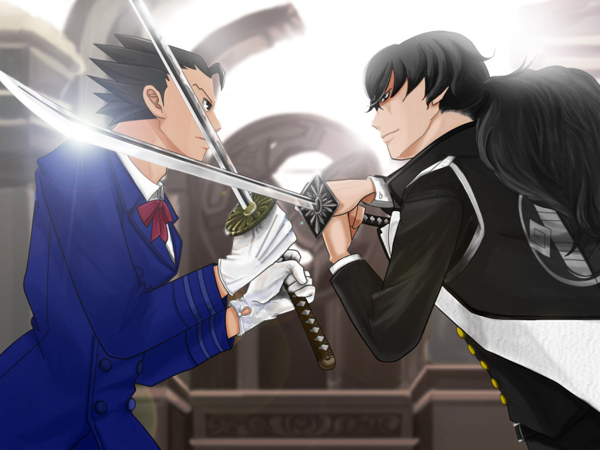 2boys ace_attorney black_hair blue_suit blurry blurry_background bow bowtie eye_contact formal gloves holding holding_sword holding_weapon indoors kaeru30th katana long_hair long_sleeves looking_at_another male_focus multiple_boys phoenix_wright phoenix_wright:_ace_attorney_-_dual_destinies ponytail red_bow red_bowtie short_hair simon_blackquill spiky_hair suit sword weapon white_gloves
