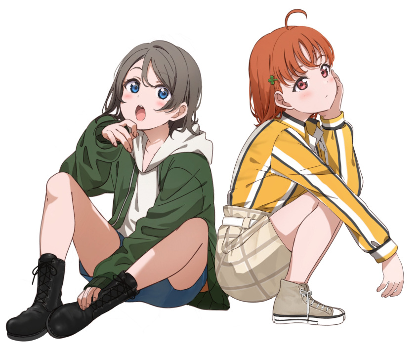2girls ahoge belt between_legs black_footwear blue_eyes blue_shorts blush boots brown_footwear brown_hair brown_shorts clover_hair_ornament collared_shirt from_side green_jacket hair_ornament hand_between_legs hand_on_own_face hand_up highres hood hoodie icehotmilktea jacket knee_boots long_sleeves love_live! love_live!_sunshine!! multicolored_shirt multiple_girls open_mouth orange_hair red_eyes shirt shoes short_hair short_shorts shorts simple_background sitting sneakers squatting swept_bangs takami_chika watanabe_you white_background white_belt white_hoodie