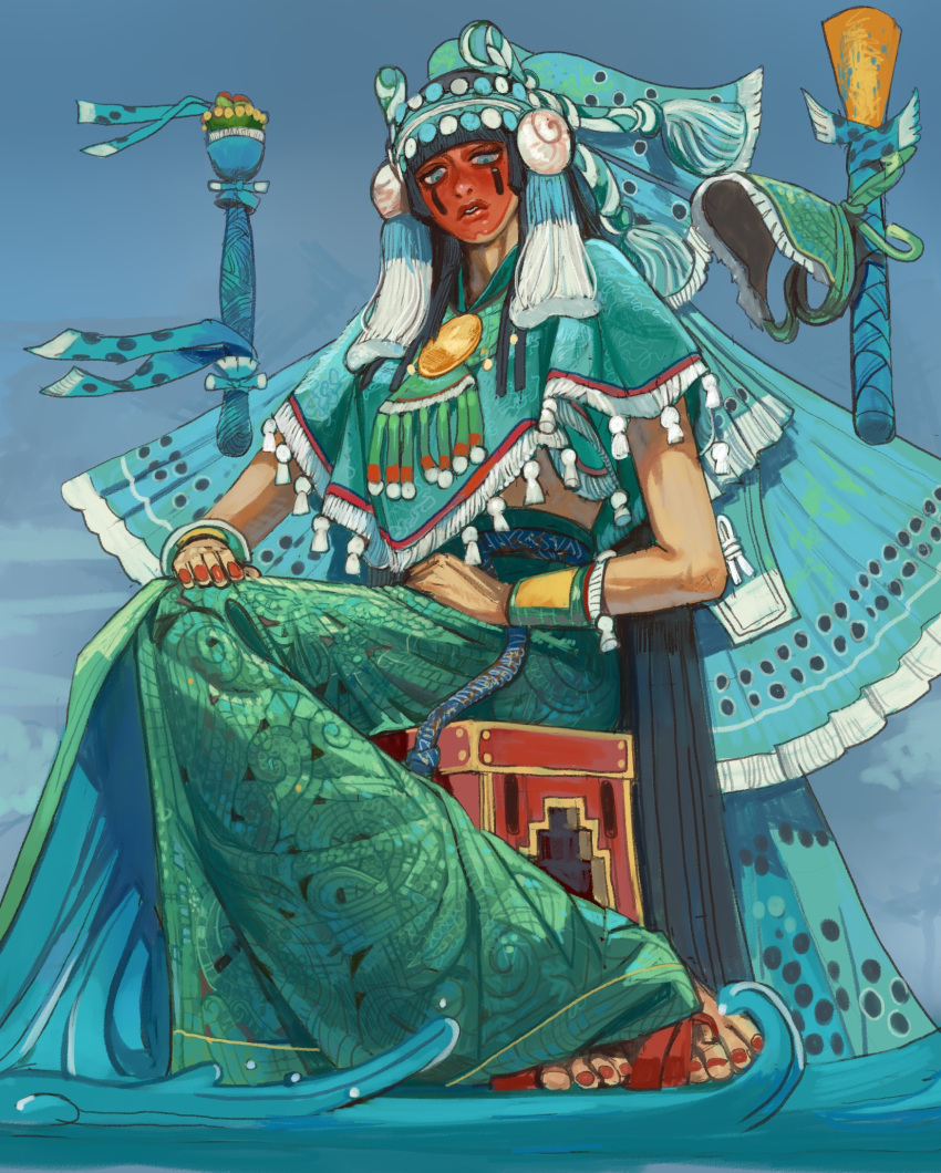 1girl aqua_cloak aztec aztec_mythology black_hair blue_eyes body_jewelry breasts chalchiuhtlicue dress earrings facepaint full_body hair_ornament highres jewelry long_hair looking_at_viewer mexico mossacannibalis sandals sitting skirt solo
