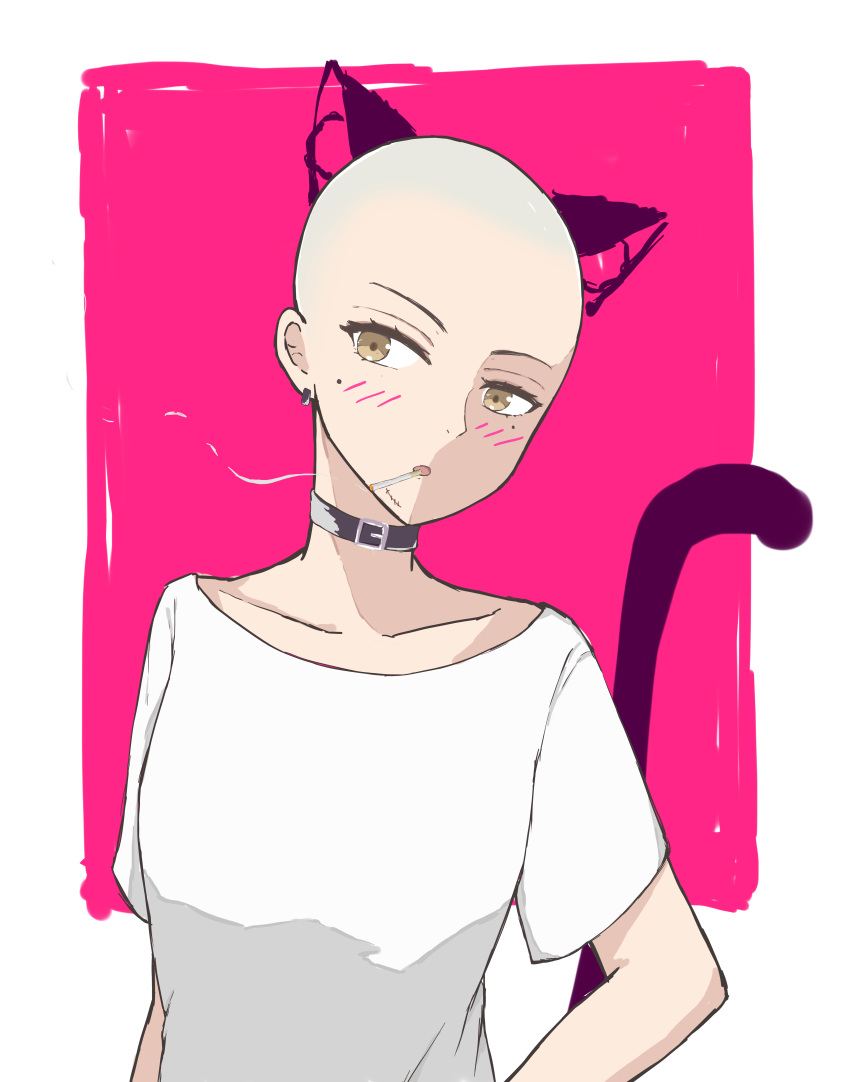 1girl bald bald_girl blush cat_ears cat_tail cigarette smoking